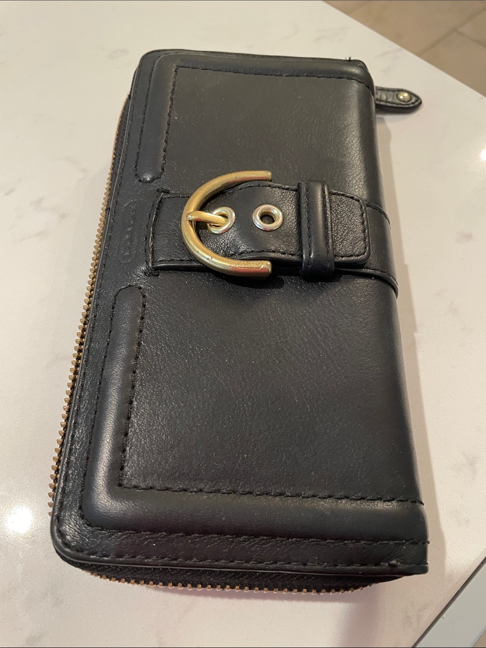 Coach Black Leather Zip Wallet with Gold Buckle Accent